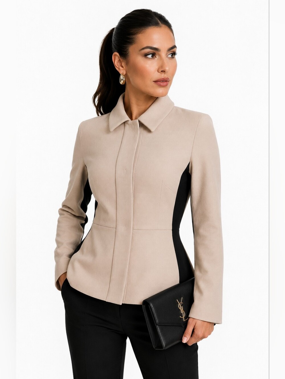 Max Mara Studio Wool Blend Hidden Snap Jacket Blazer Beige Black Size 10 - Picture 1 of 14
